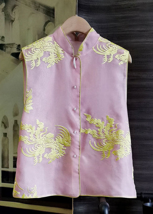 Pink Stand Collar Embroideried Patchwork Silk Vest Sleeveless
