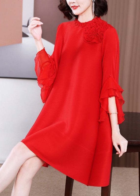 Pink Stand Collar Nail Bead Vacation Dresses Petal Sleeve