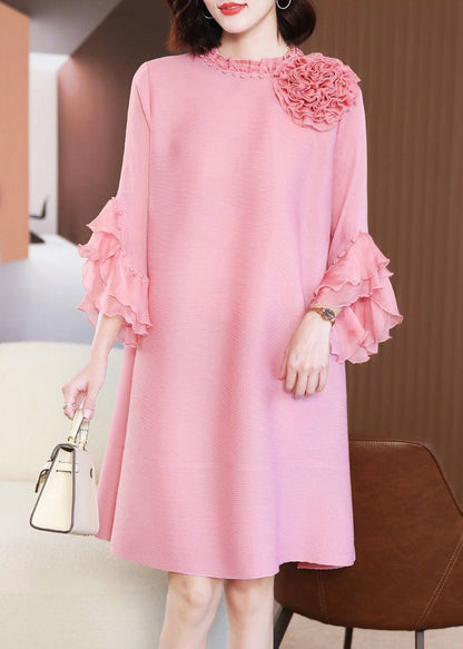 Pink Stand Collar Nail Bead Vacation Dresses Petal Sleeve