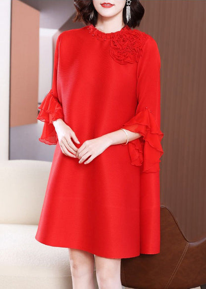 Pink Stand Collar Nail Bead Vacation Dresses Petal Sleeve