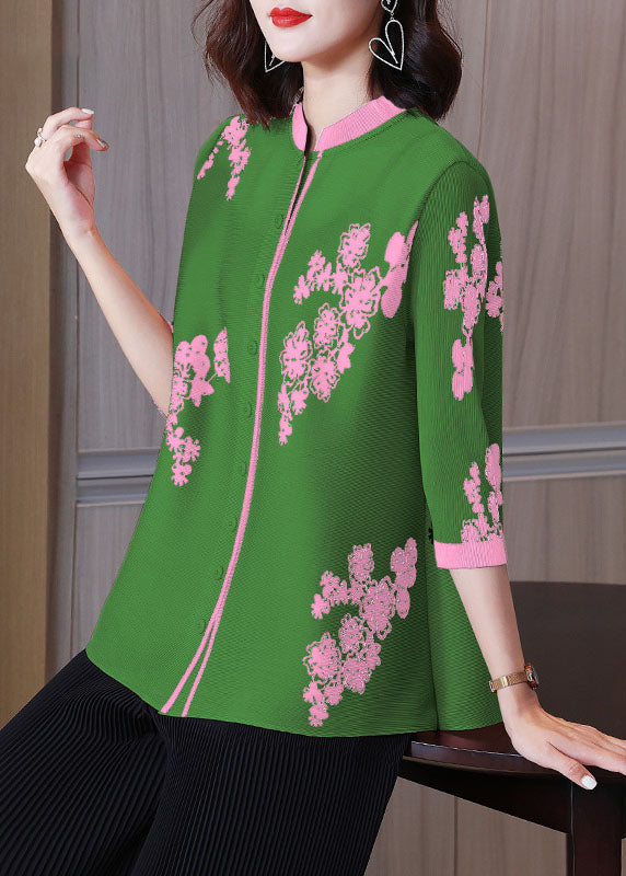 Pink Stand Collar Print Patchwork Button Shirts Bracelet Sleeve
