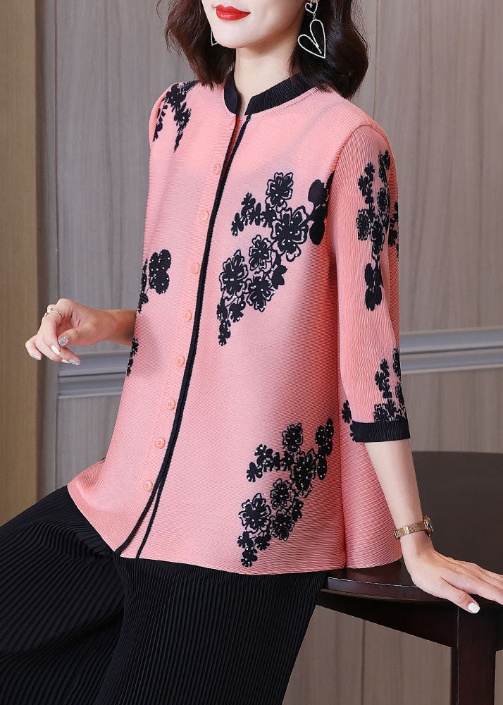 Pink Stand Collar Print Patchwork Button Shirts Bracelet Sleeve