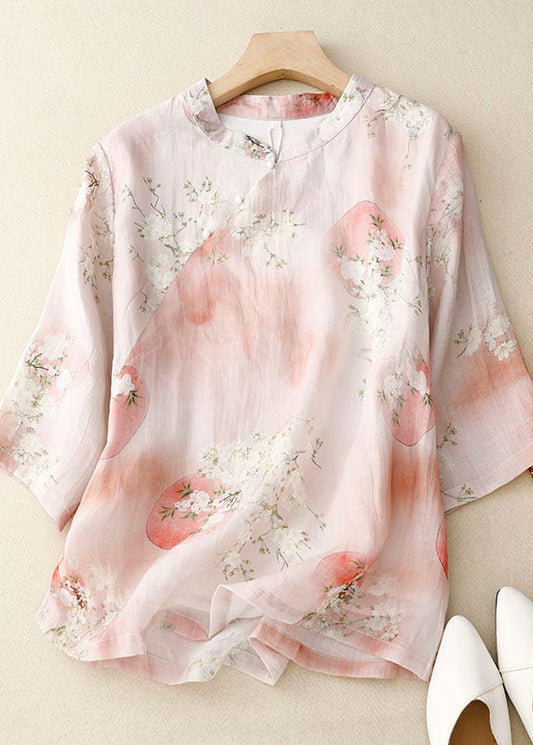 Pink Stand Collar Print Patchwork Cotton Shirts Top Summer