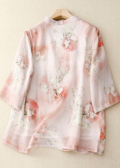 Pink Stand Collar Print Patchwork Cotton Shirts Top Summer