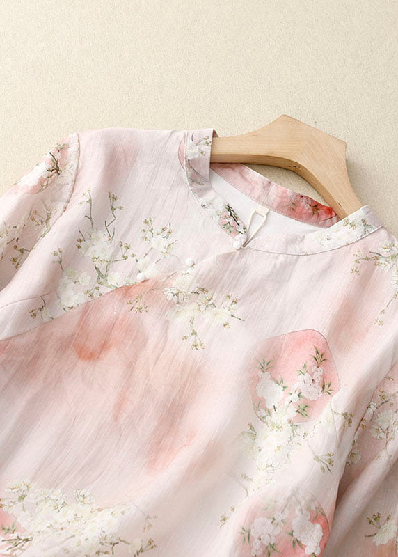 Pink Stand Collar Print Patchwork Cotton Shirts Top Summer