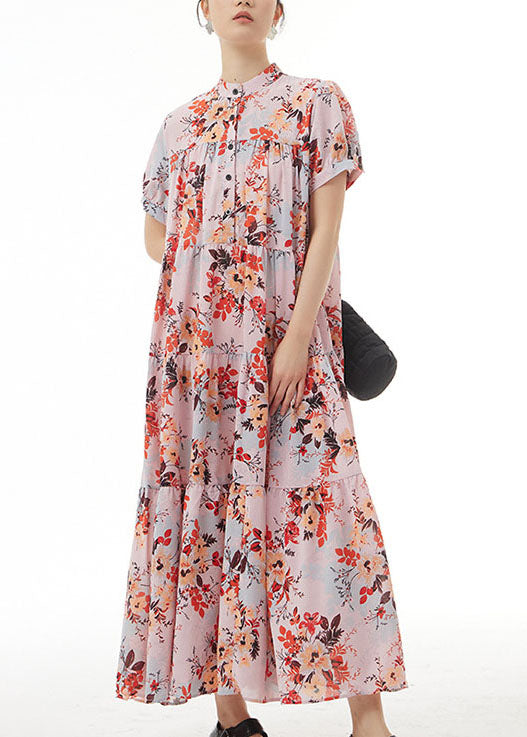 Pink Stand Collar Wrinkled Print Patchwork Chiffon Dress Summer