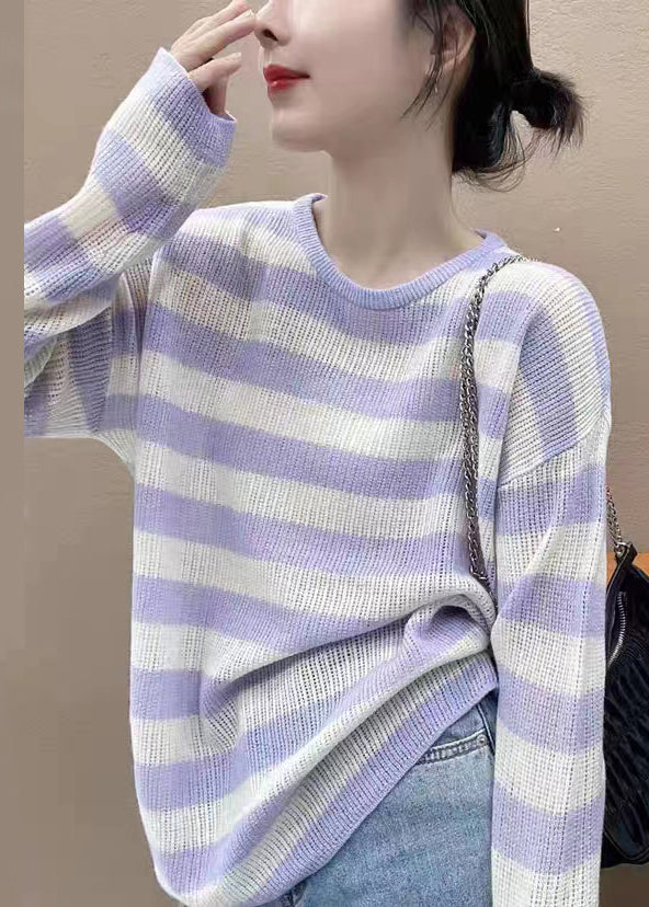 Pink Striped O Neck Cozy Knit Top Long Sleeve