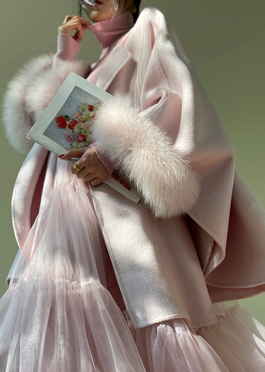 Pink Tie Waist Patchwork Woolen Coat Spring