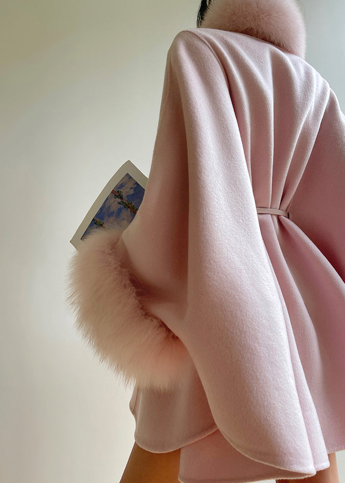 Pink Tie Waist Patchwork Woolen Coat Spring