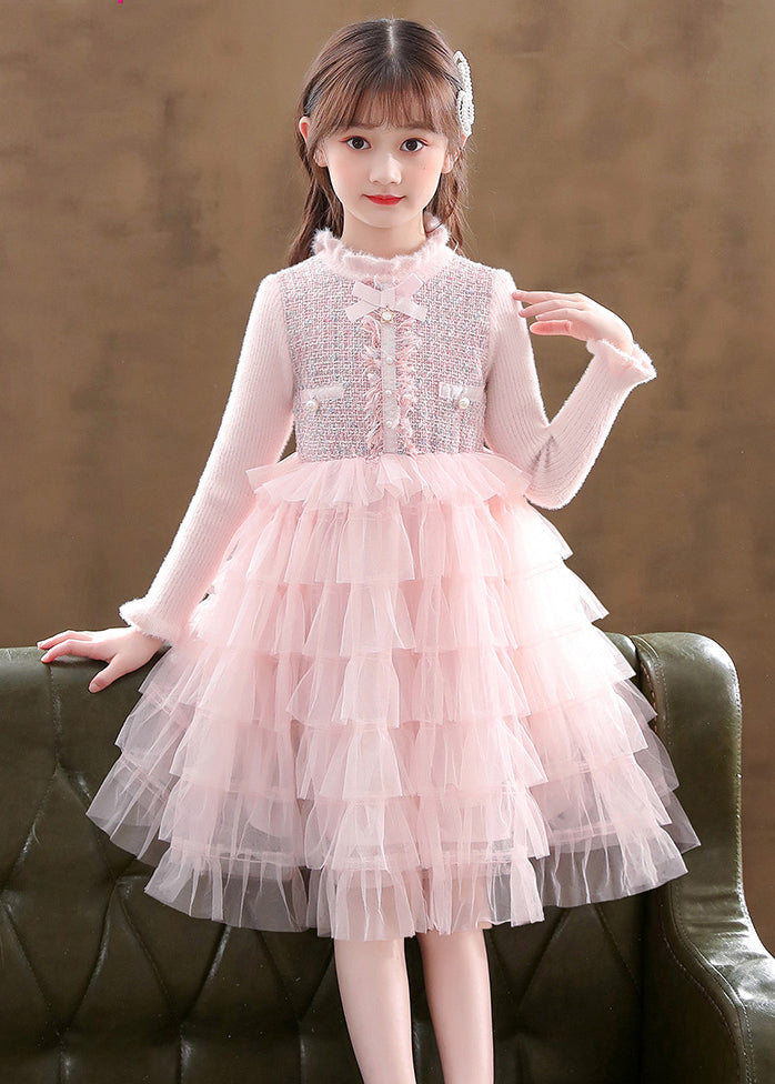 Pink Turtleneck Knit Patchwork Tulle Kids Vacation Mid Dresses Long Sleeve