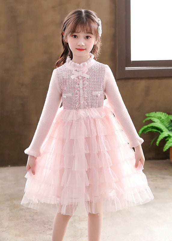 Pink Turtleneck Knit Patchwork Tulle Kids Vacation Mid Dresses Long Sleeve