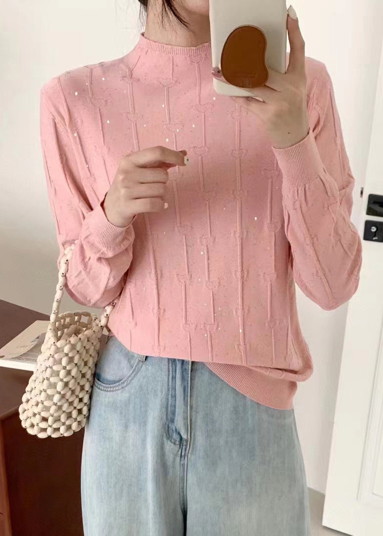 Pink Turtleneck Sequins Knit Sweaters Fall