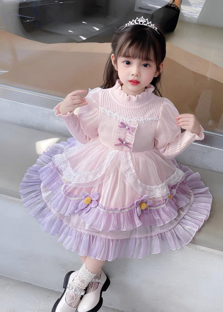 Pink Turtleneck Tulle Patchwork Knit Holiday Maxi Dress Long Sleeve