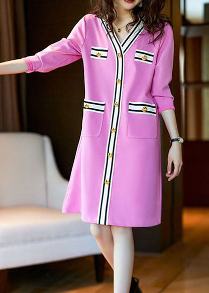 Pink V Neck Button Patchwork Cotton Mid Dress Spring
