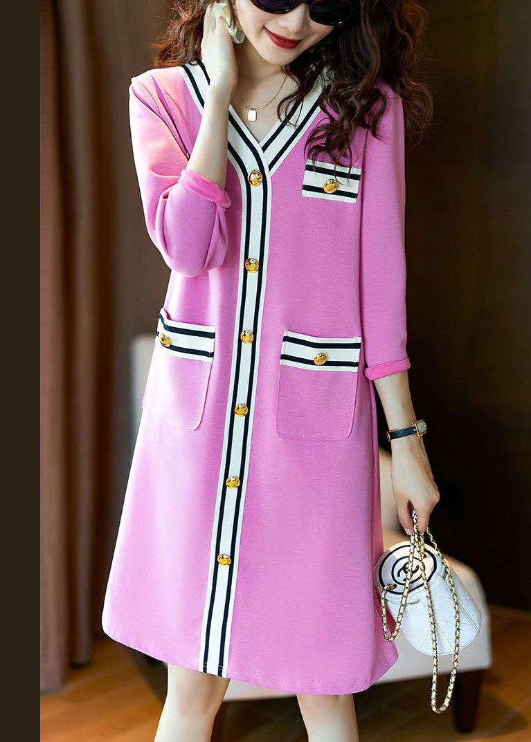 Pink V Neck Button Patchwork Cotton Mid Dress Spring