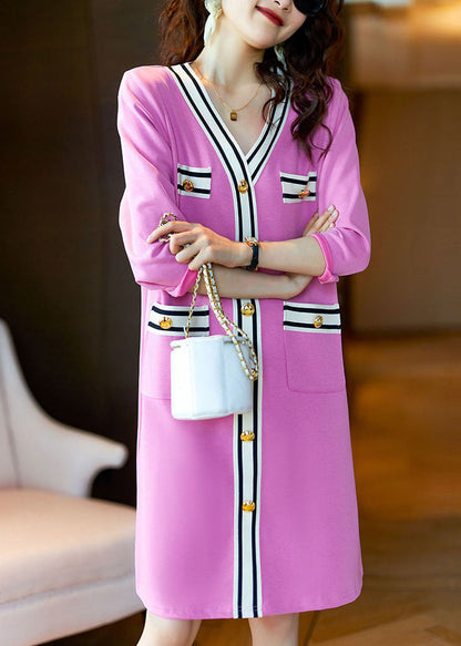 Pink V Neck Button Patchwork Cotton Mid Dress Spring