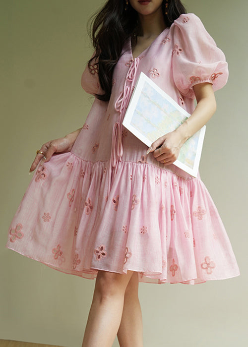 Pink V Neck Hollow Out Lace Up Cotton Dress Summer