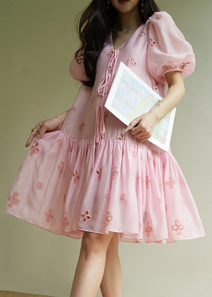 Pink V Neck Hollow Out Lace Up Cotton Dress Summer