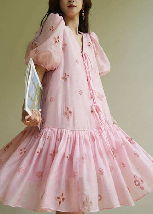 Pink V Neck Hollow Out Lace Up Cotton Dress Summer