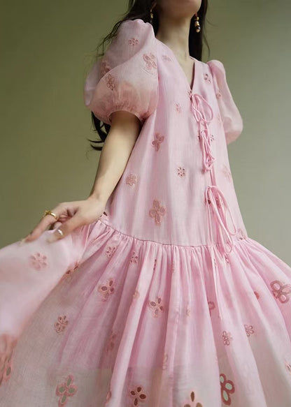 Pink V Neck Hollow Out Lace Up Cotton Dress Summer