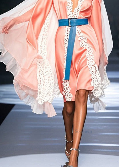 Pink V Neck Lace Tulle Patchwork Dresses Spring