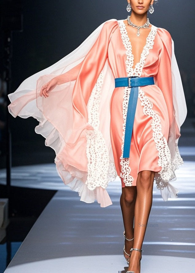 Pink V Neck Lace Tulle Patchwork Dresses Spring