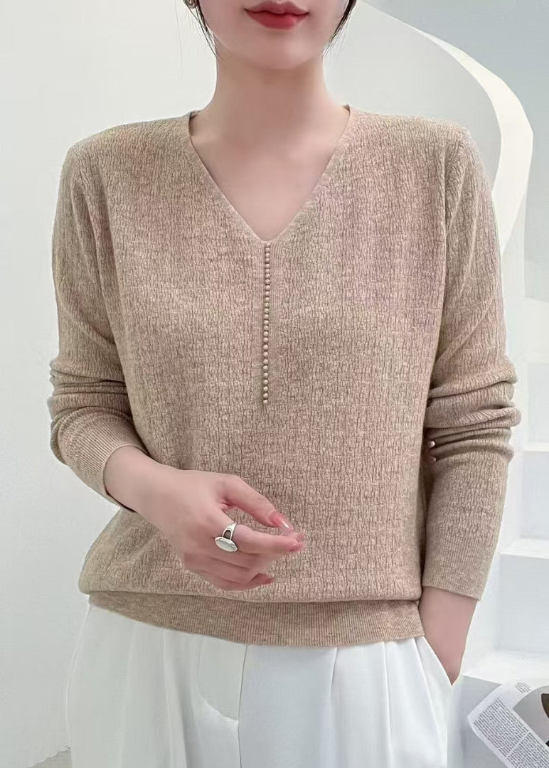 Pink V Neck Nail Bead Knit Sweater Fall