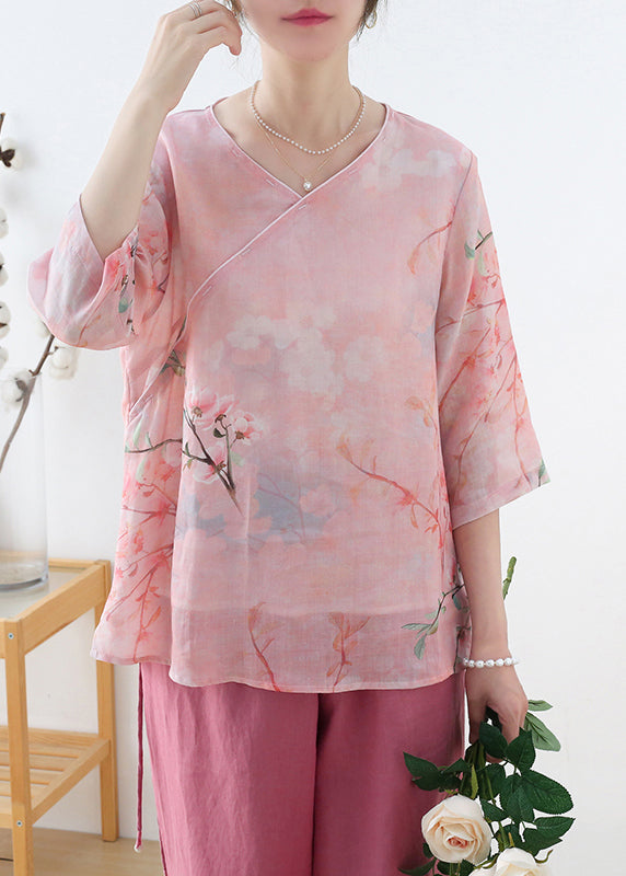 Pink V Neck Print Linen Shirt Top Half Sleeve