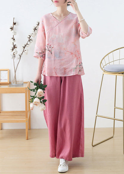 Pink V Neck Print Linen Shirt Top Half Sleeve
