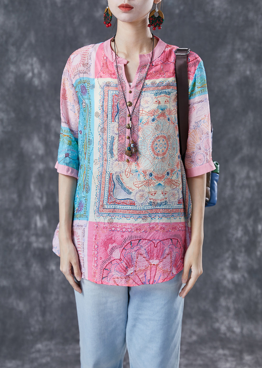 Pink V Neck Print Linen Tops Half Sleeve