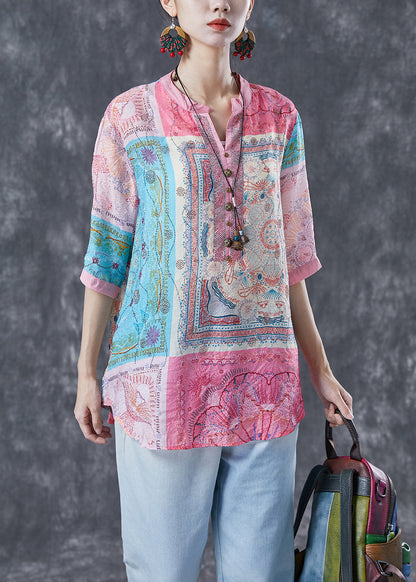 Pink V Neck Print Linen Tops Half Sleeve