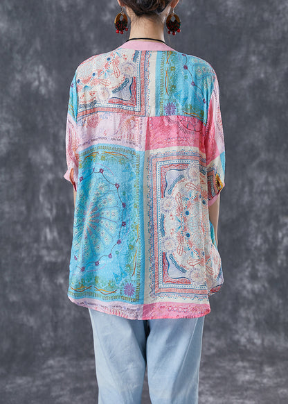 Pink V Neck Print Linen Tops Half Sleeve
