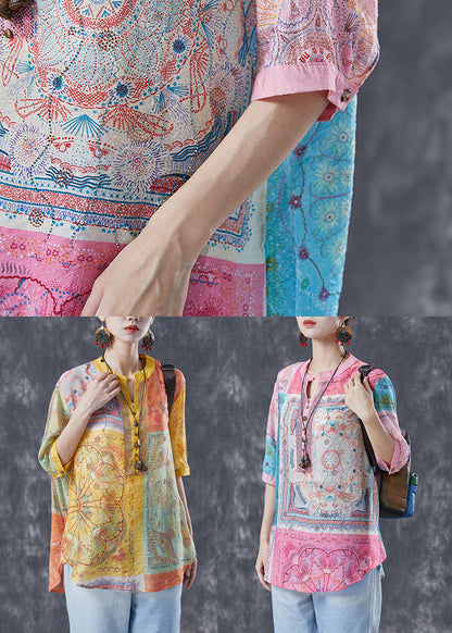 Pink V Neck Print Linen Tops Half Sleeve