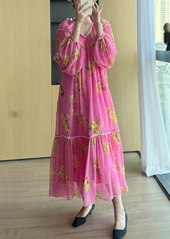 Pink V Neck Print Patchwork Chiffon Long Dresses Fall