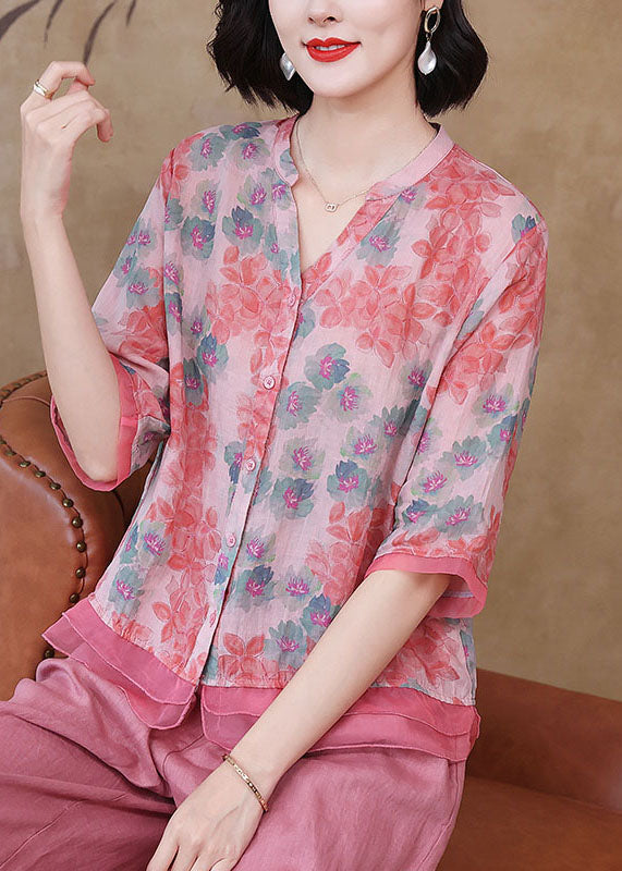 Pink V Neck Print Patchwork Linen Shirt Top Summer