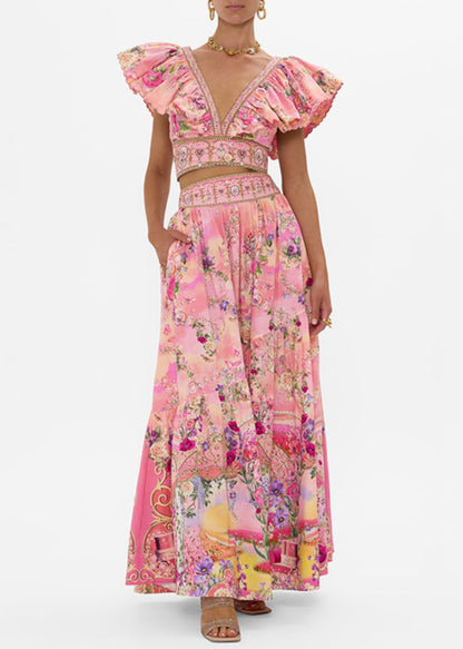 Pink V Neck Print Pockets Cotton Two Piece Set Summer
