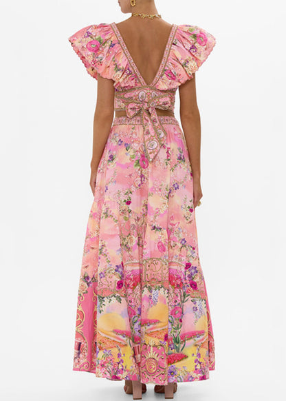 Pink V Neck Print Pockets Cotton Two Piece Set Summer