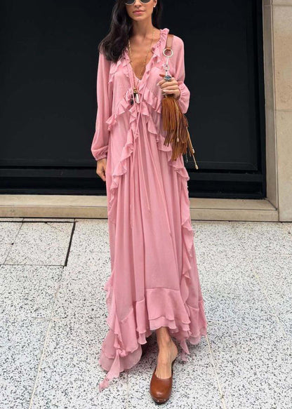 Pink V Neck Ruffled Chiffon Long Dress Fall