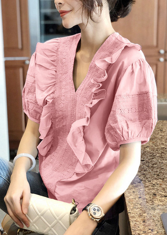 Pink V Neck Ruffled Top Short Sleeve