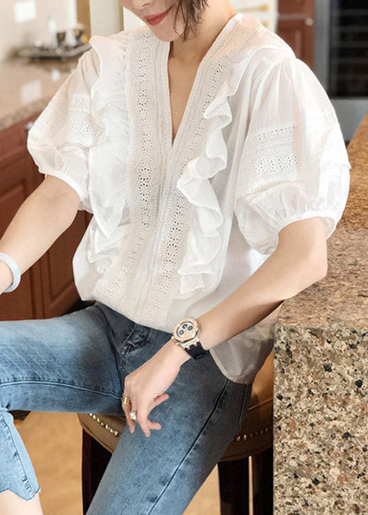 Pink V Neck Ruffled Top Short Sleeve