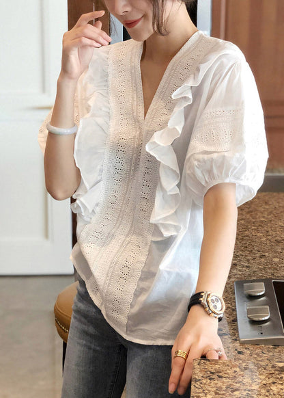 Pink V Neck Ruffled Top Short Sleeve