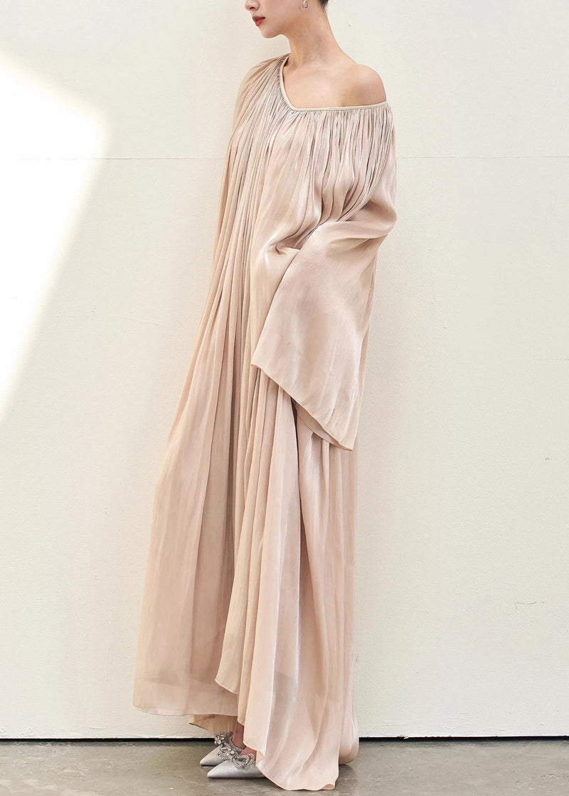 Pink V Neck Wrinkled Silk Maxi Dresses Fall