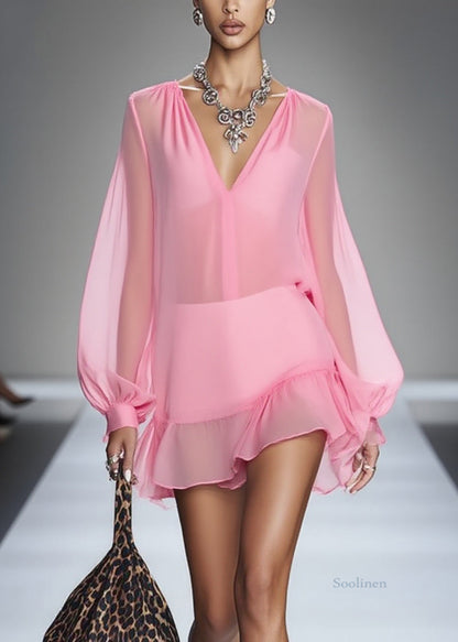 Pink V Neck Wrinkled Tulle Mid Dress Spring