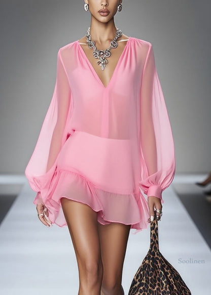 Pink V Neck Wrinkled Tulle Mid Dress Spring