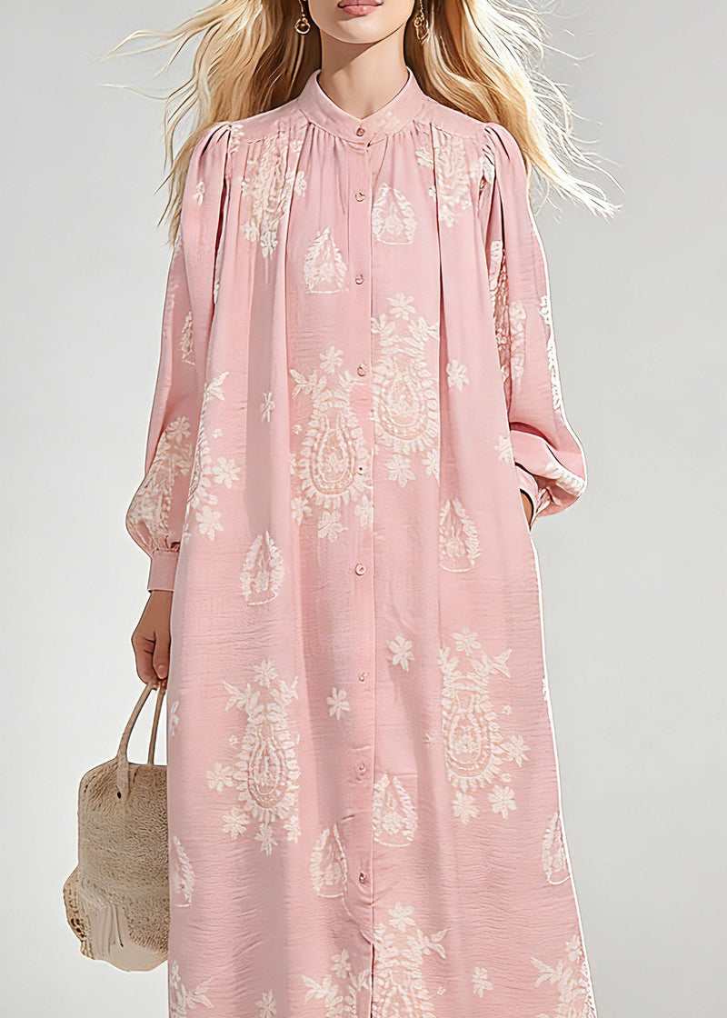 Pink Wrinkled Butto Long Dress Spring