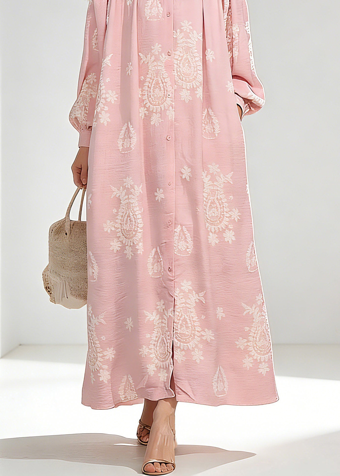 Pink Wrinkled Butto Long Dress Spring