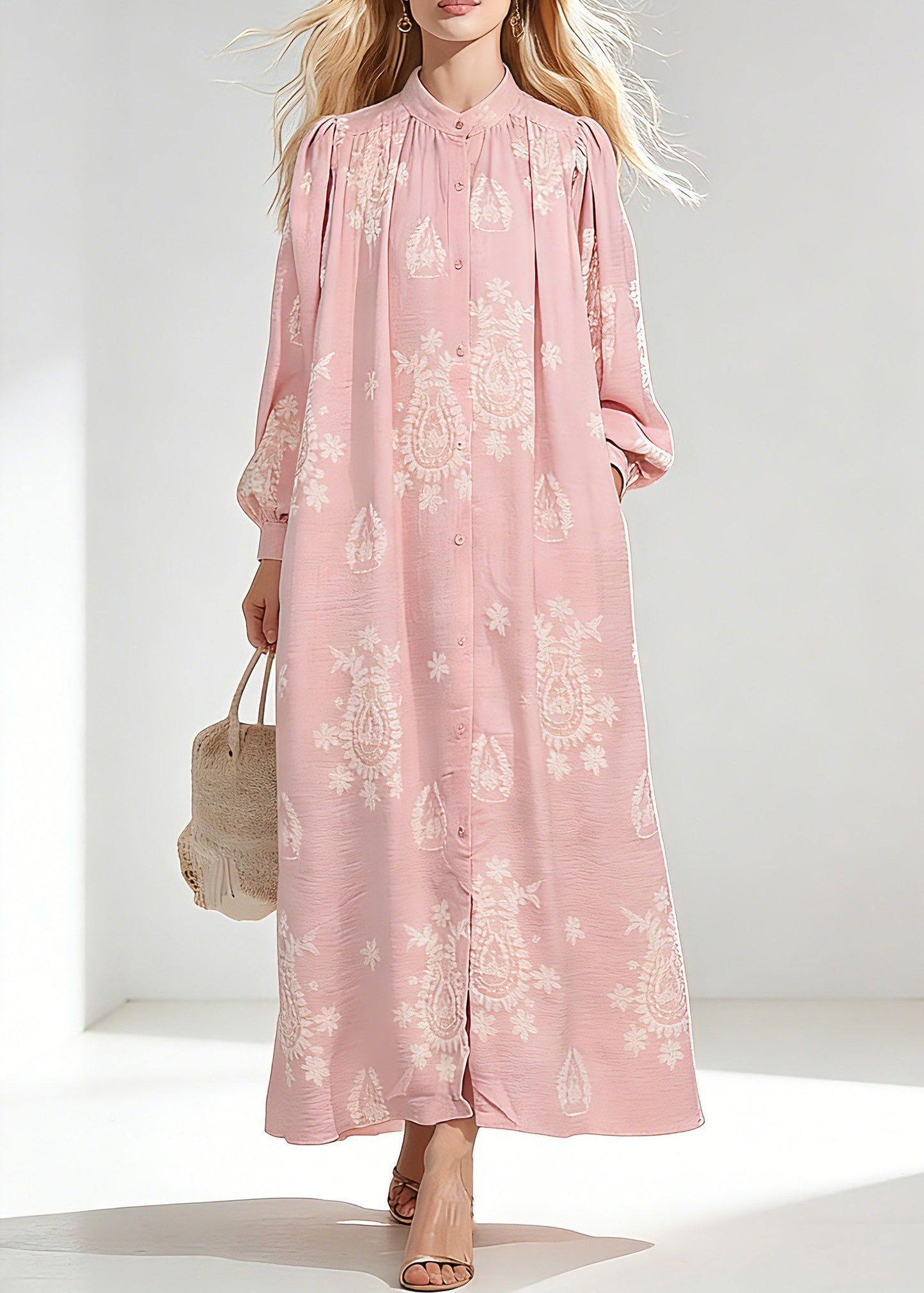 Pink Wrinkled Butto Long Dress Spring