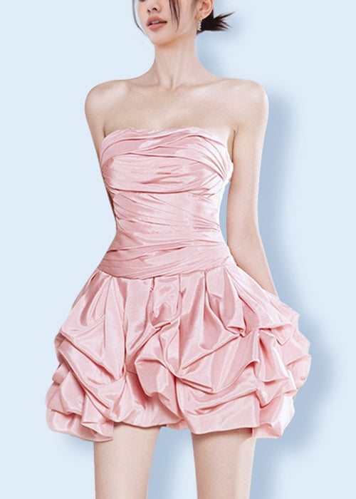 Pink Wrinkled Cold Shoulder Silk Mid Dress Sleeveless