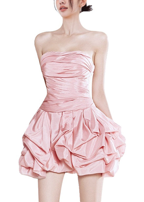 Pink Wrinkled Cold Shoulder Silk Mid Dress Sleeveless