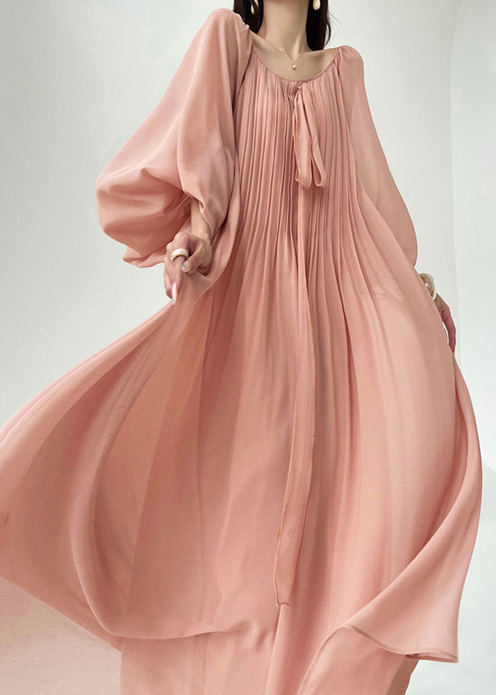 Pink Wrinkled Lace Up Chiffon Maxi Dresses Spring